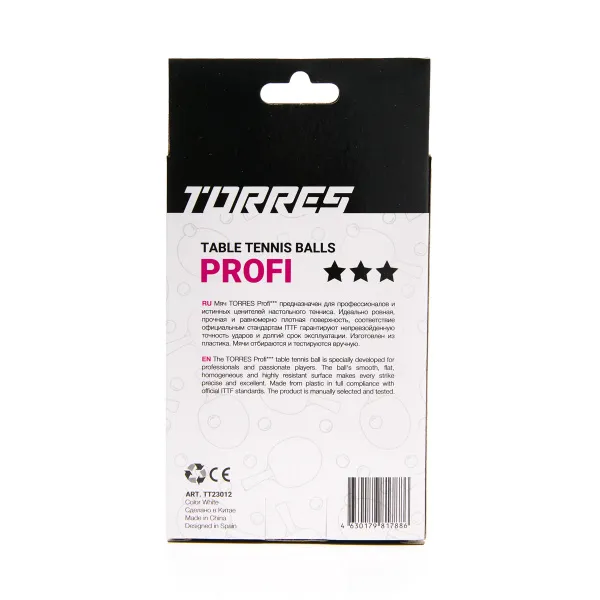 Мяч для наст. тенниса TORRES Profi 3*, TT23012, диам. 40+мм, упак. 6 шт, белый за 338.30 ₽ в Нижневартовске